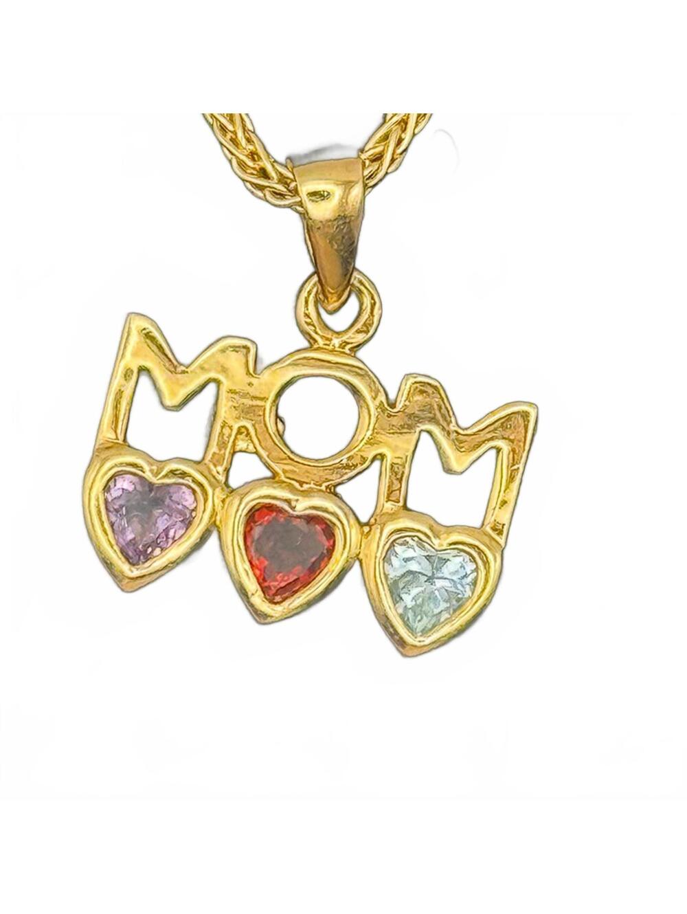 MOM Pendant Necklace - 3-Stone Heart Design - Gold Over .925 Sterling Silver